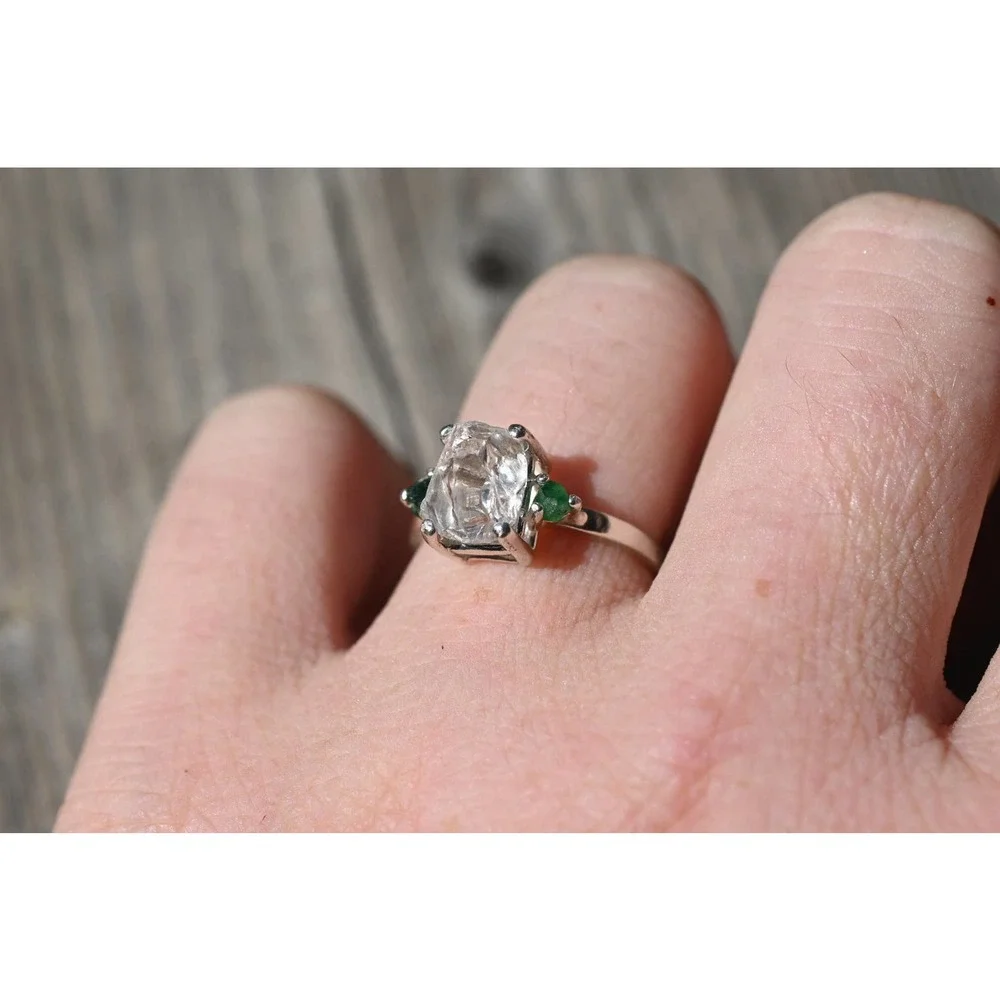Raw Diamond Emerald Engagement Ring Rough Uncut Anniversary Silver Rusti…